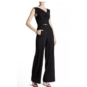 Black Halo Womens Black Draped Cap Sleeve Belted Jackie Jumpsuit Size 4 $415 NWT